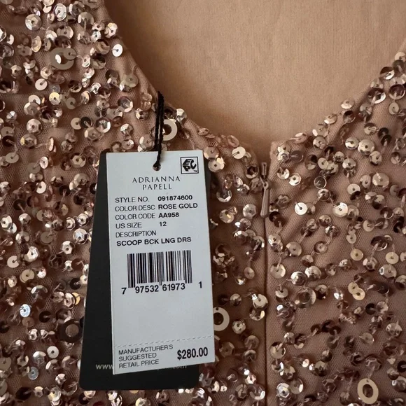 Adrianna Papell gown floor length sequin rose gold NWT - Picture 3 of 3